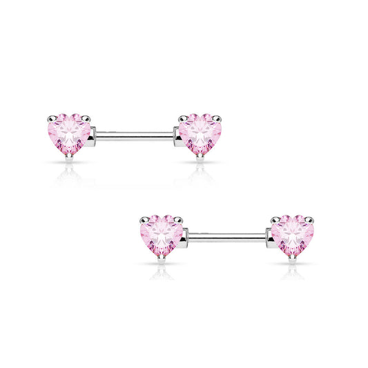 Pair of Nipple Barbells 14G Surgical Steel with Heart Shaped Prong Set CZ Gems