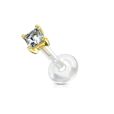 Labret Monroe with Square Princess Cut CZ Prong Set Design on Flex Shaft 14 Kt
