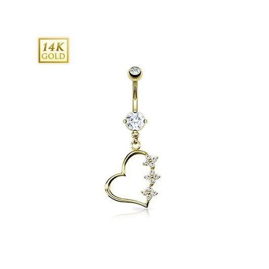 14K Gold Navel Ring - Triple CZ Flower Heart Dangle Solid Yellow Gold