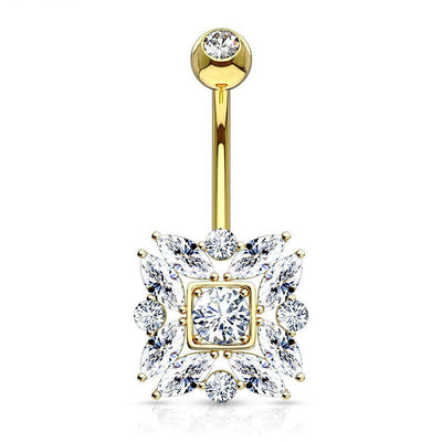 Navel Ring 14 Karat Solid Gold with Round and Marquise Cut CZs 14ga