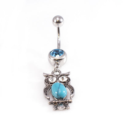 Belly Button Rings Owl Dangle Design with Turquoise and Aqua CZ Jewels / Navel