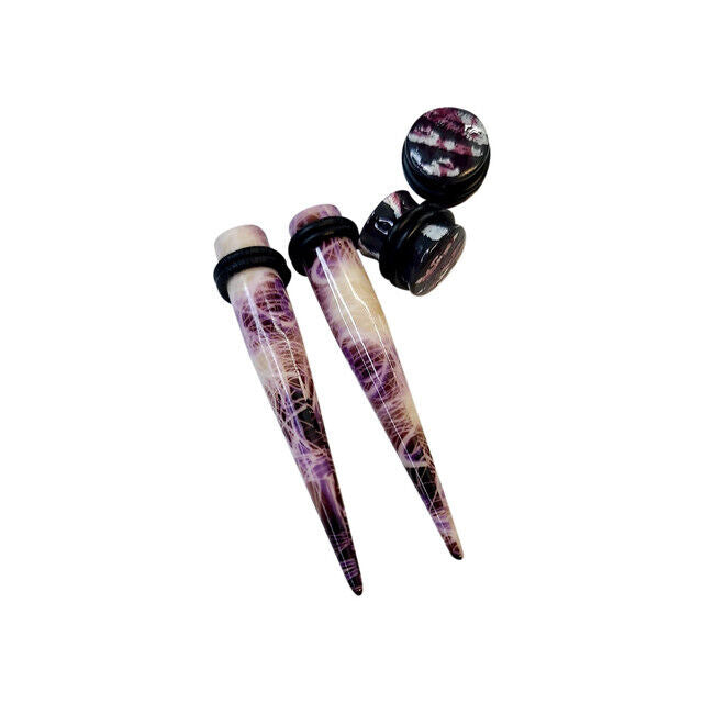 2 Pairs Ear Gauge Tapers Plugs O-rings Acrylic Purple Mauve Marble Design