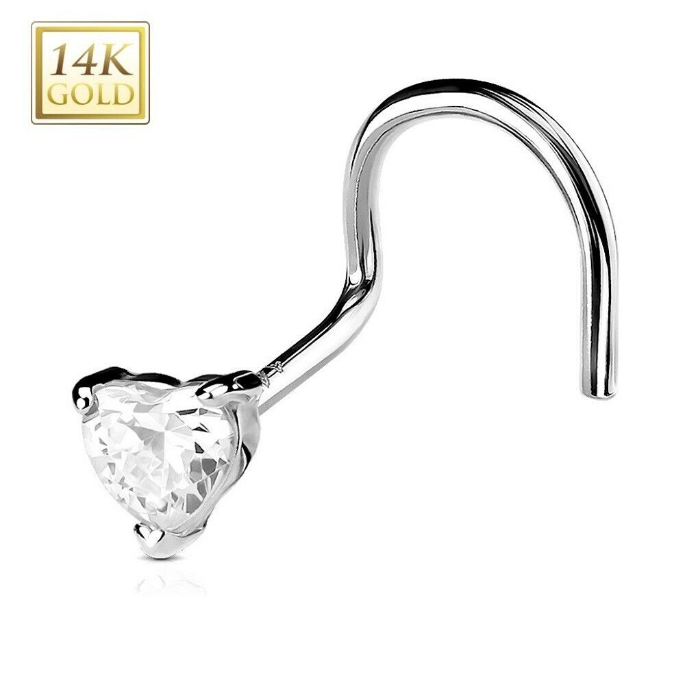 Nose Screw Ring with Prong Set CZ Centered Heart 14Kt Solid White Gold 20 Gauge