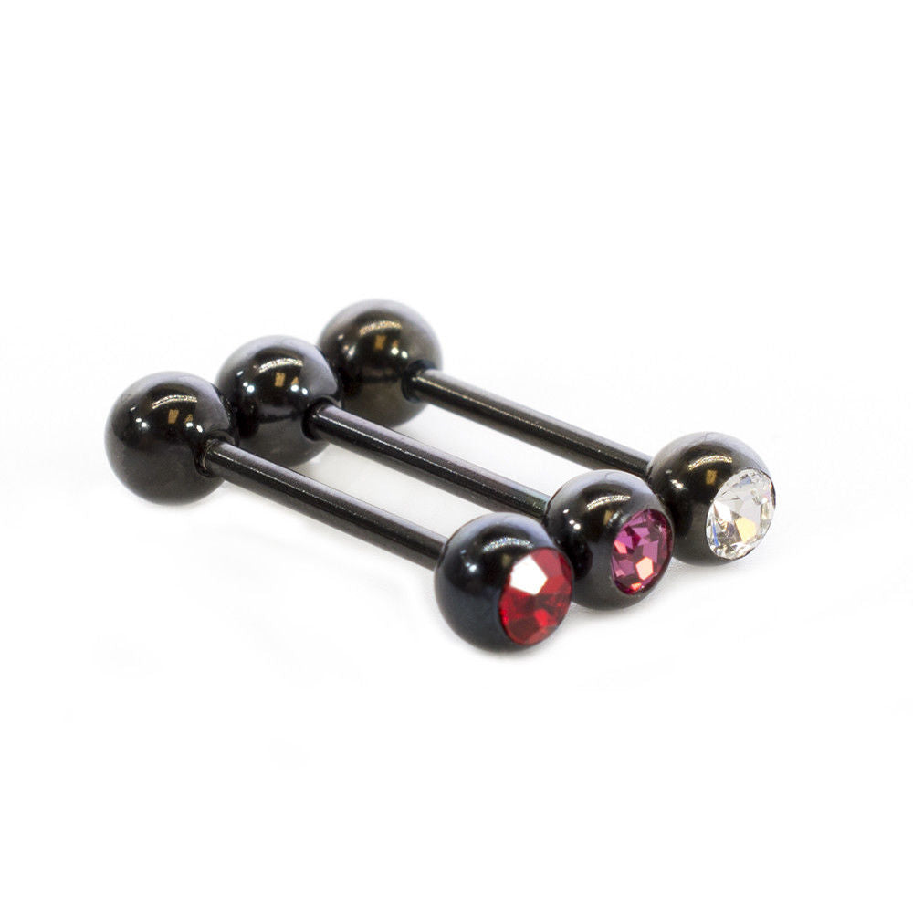 Tongue Barbell package of 3 Black IP Barbells with CZ Stone 14g