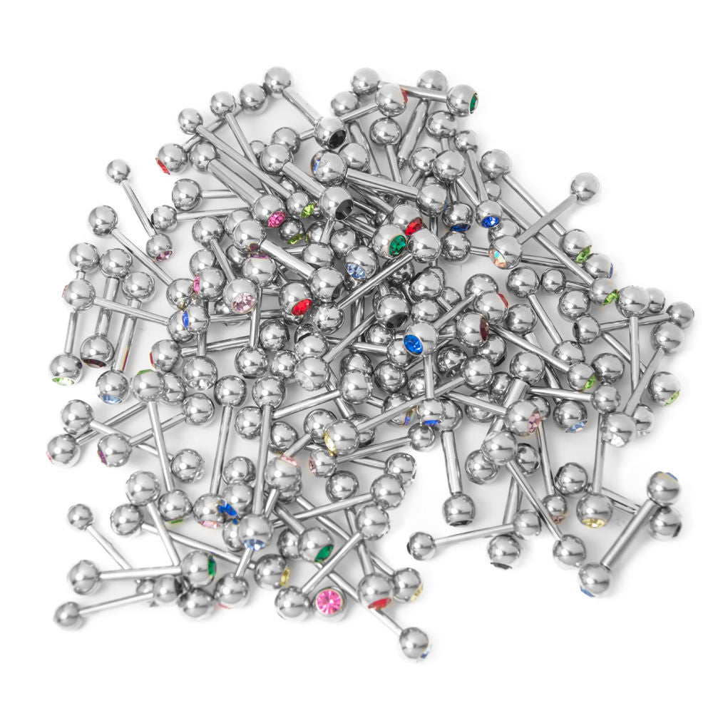 100 Mixed Piercing Barbells - Multi-Color CZ Gems - Mixed Gauges/Lengths - 316L