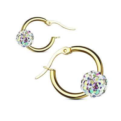 Pair of Colored Crystal Ball Gold IP 316L Surgical Steel Hoop Earring 12g
