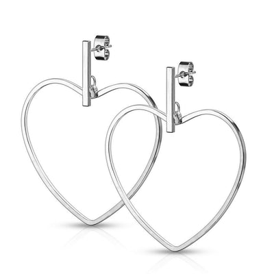 Pair of Stainless Steel Earrings with Bar and Heart Hoop Dangle Design 20g