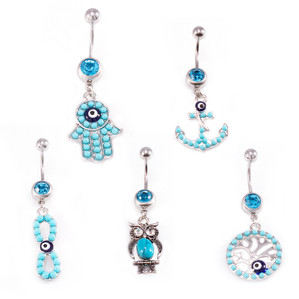 Belly Button Ring Pack of 3 / Tree of life, Infinite love, Hamsa Hand Anchor Owl