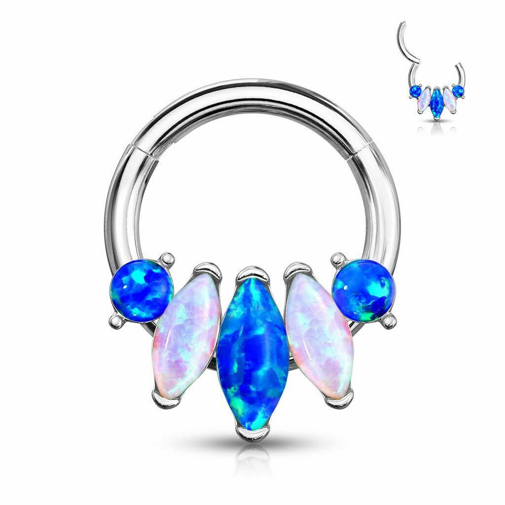 Nose Septum and Ear Hinged Clicker Hoop with 5-Marquise Opal Set Surgical Steel