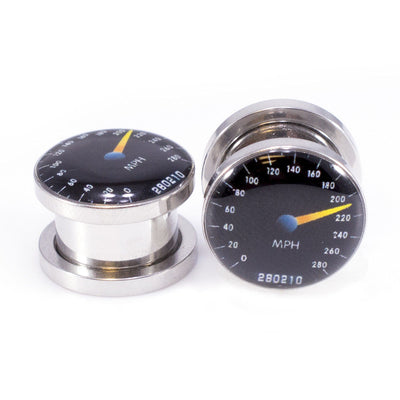 Pair of Ear Plugs Gauges with Speedometer Logo Screw Fit Plugs - 2G - 1/2"