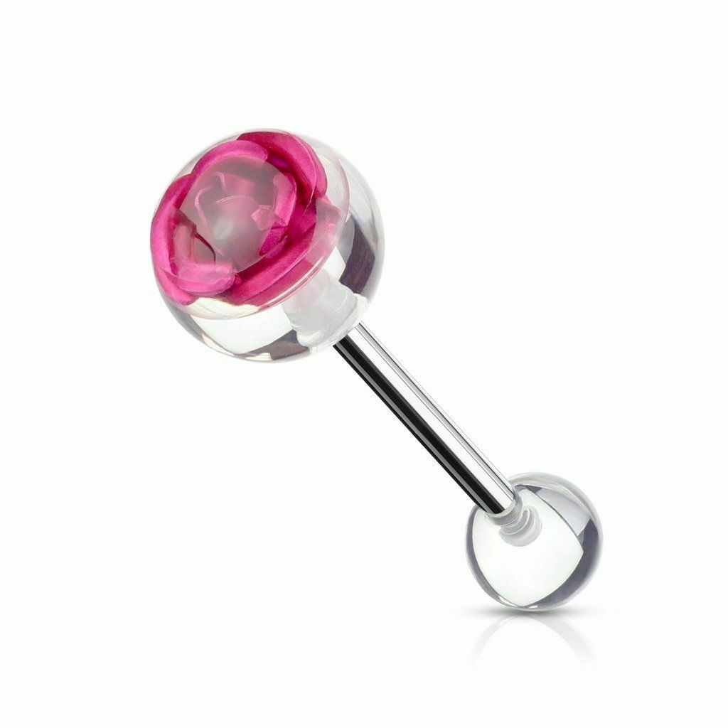 Tongue Barbell with Metal Rose Embedded in Clear Ball Top Surgical Steel 14ga