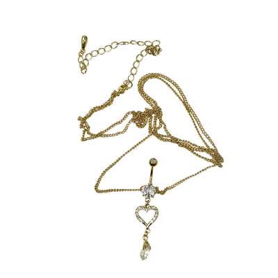 Belly Chain Button Navel Ring Surgical Steel Gold Plated Waist Belly Chain with Heart CZ Jewels Dangle Charm 14 Gauge