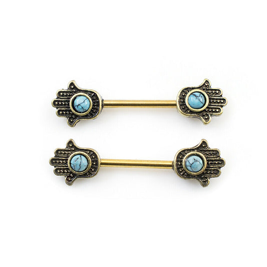 Pair of Nipple Barbells with Hamsa Hand Design and Turquoise Stone 14g