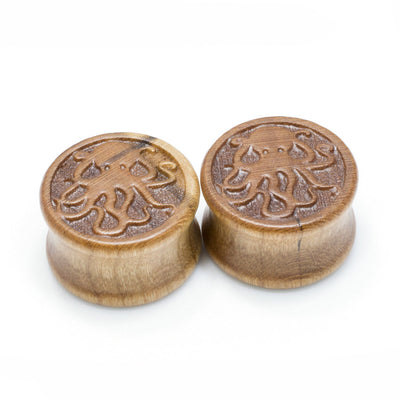 Pair of Organic Cherry Wood Octopus Saddle-Fit Ear Plugs - 00 Gauge to 3/4" Inch