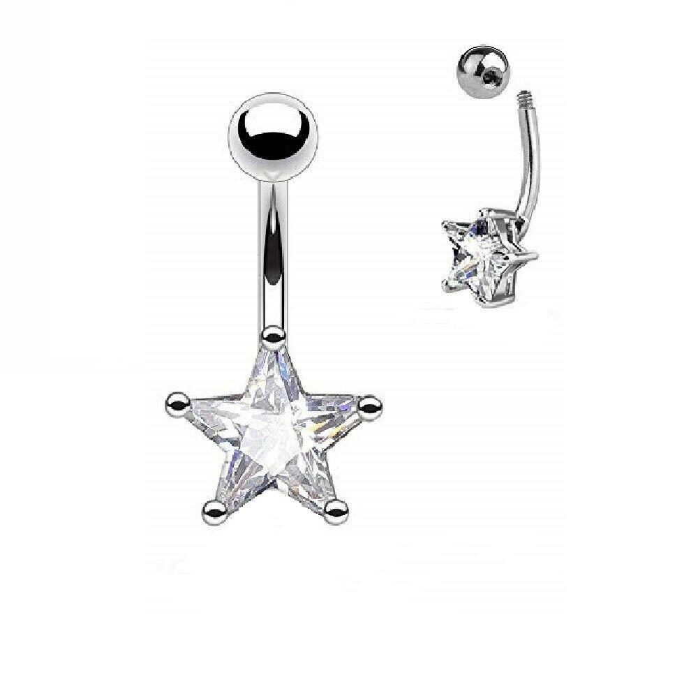 Clear Prong Set Star Non-Dangle Belly Button Ring 14ga