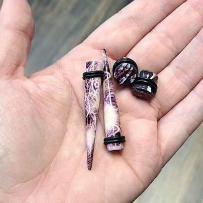 2 Pairs Ear Gauge Tapers Plugs O-rings Acrylic Purple Mauve Marble Design