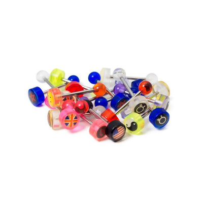 Lot of 20 Mixed Acrylic Logo Tongue Barbells 316L Surgical Steel 14ga-5/8"(16mm)