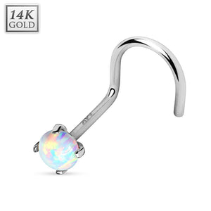 14K Nose Ring Screw Solid Gold 4 Prong Set Lab Opal Top Stud Piercing 20G 6MM
