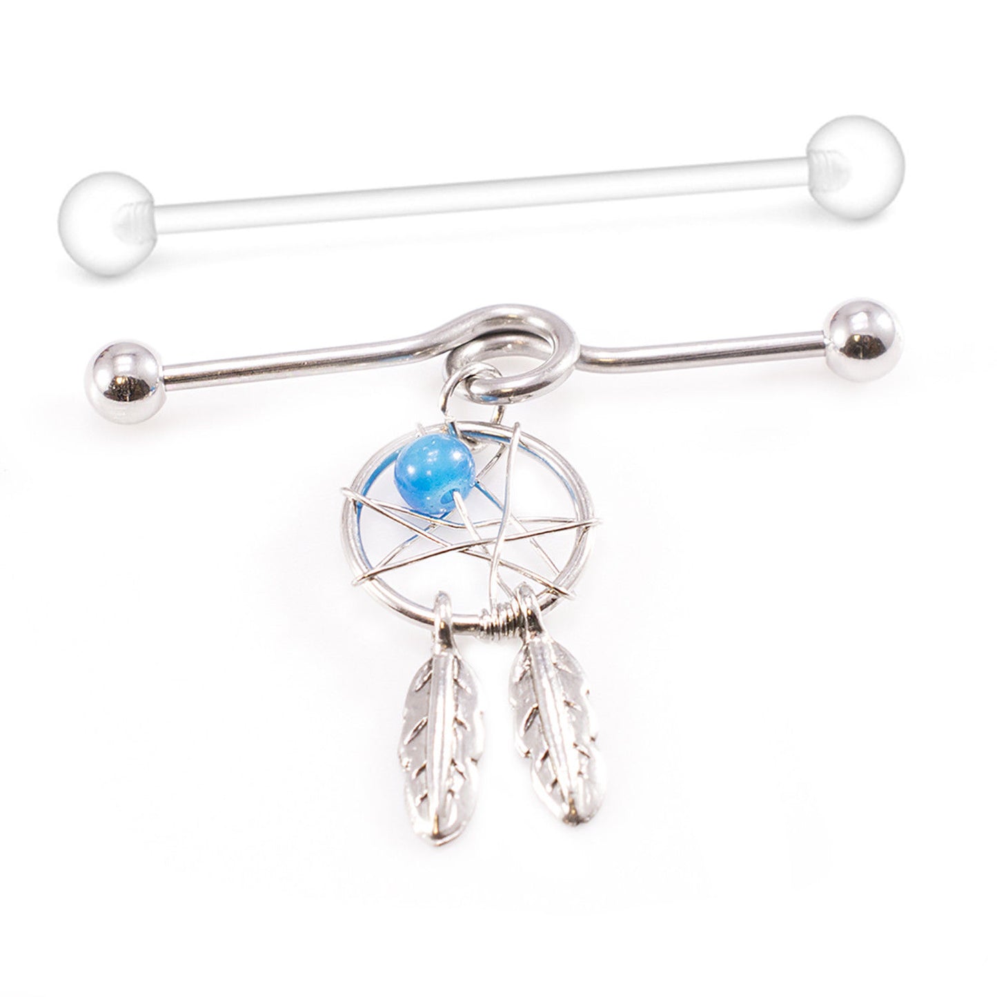 Industrial Barbell with Dream Catcher Dangle and Industrial Retainer 14G 38mm