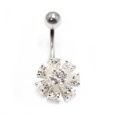 Clear Cz Gem Flower Belly Button Ring 14G