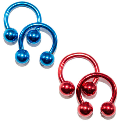 2 Pairs of Ion Plated Titanium 14G Horseshoe Circular Barbells Red/Blue