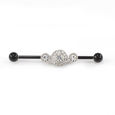 Industrial Barbell Three CZ Centered Multi Paved Circle 14ga