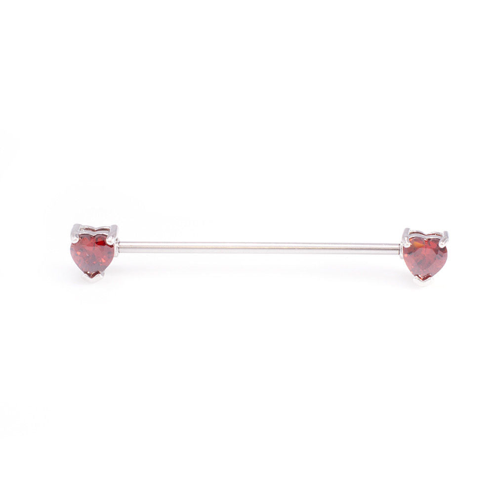 Industrial Barbell with Front Facing Heart Shape Garnet Cz. Stainless Steel 14G