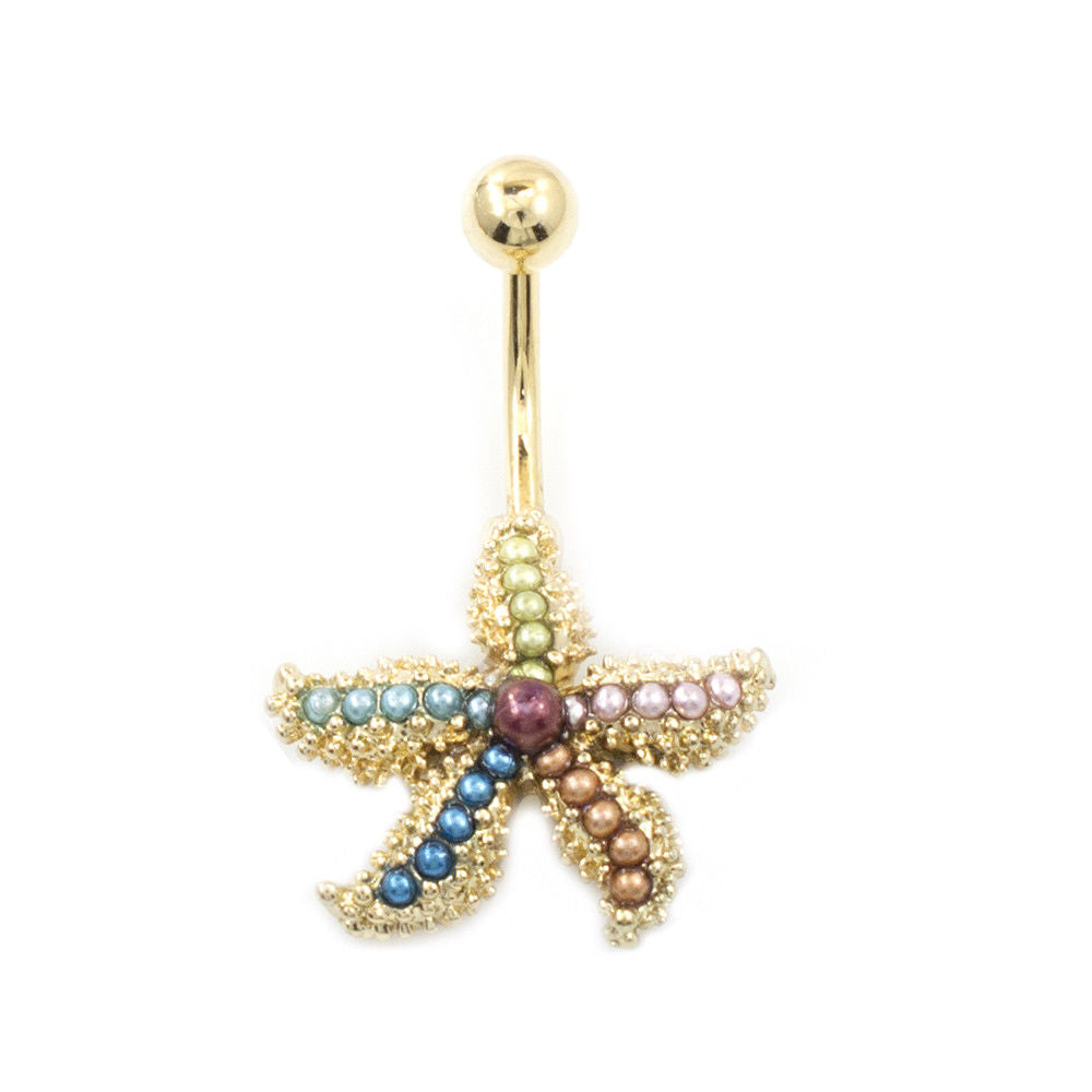 Belly Button Ring with Fancy Star Fish with Multicolored Faux Pearls 14G