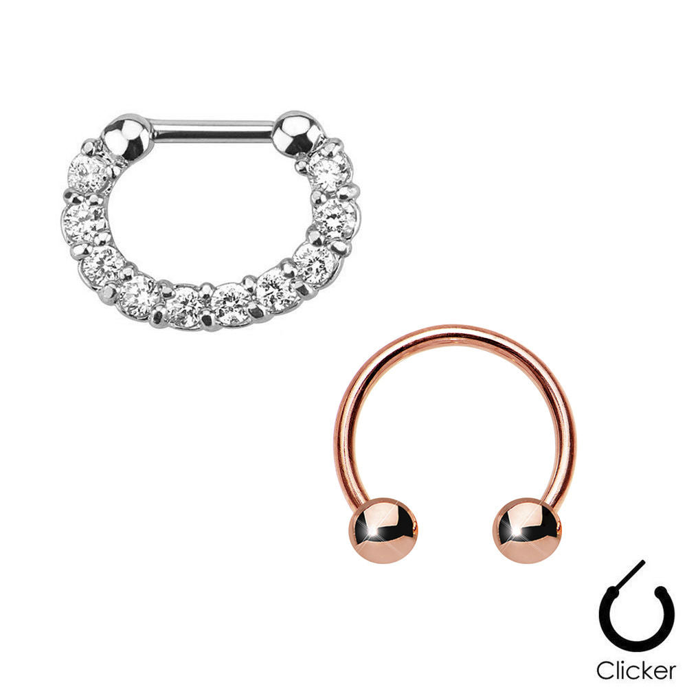 Pair of Septum Ring 16ga Combo with IP Horseshoe Surgical Steel CZ Gems