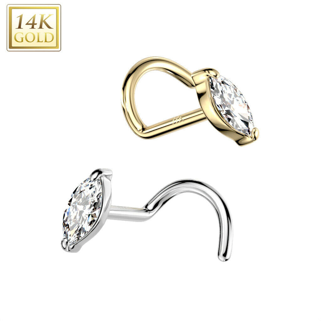 Nose Screw Rings With Marquise CZ top 14K solid gold 20G fit most nose piercings