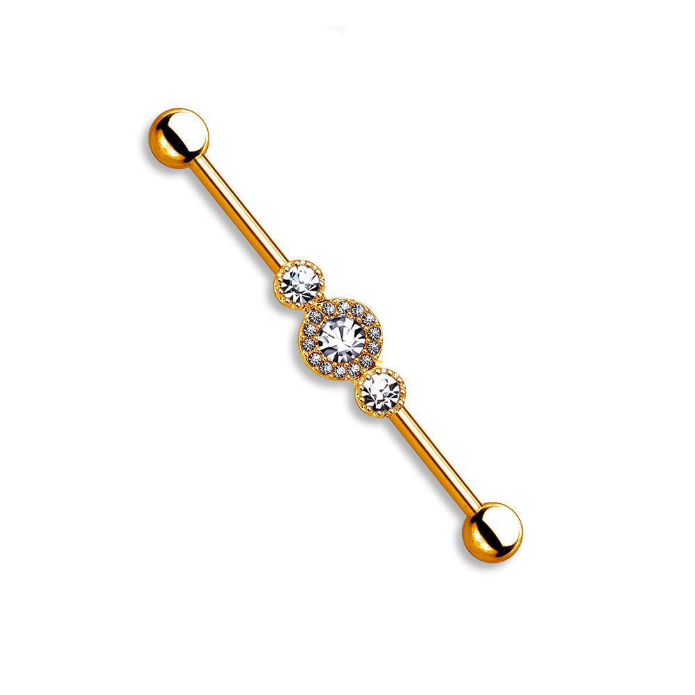 Industrial Cartilage Barbell 14ga Rose Gold IP with Three CZ Centered Clear Gems