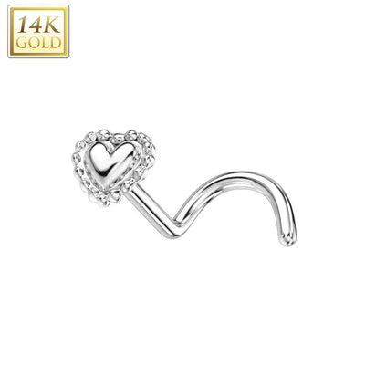 Nose Screw Rings With Beaded Edge Heart Top 14K solid gold 20G nose piercings