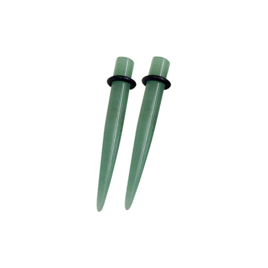 Pair of Green Jade Semi Precious Solid Stone Natural O-Ring Straight Ear Tapers