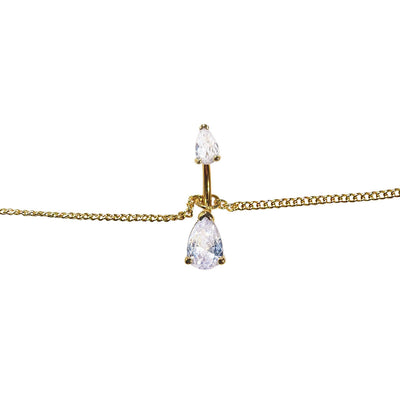 Belly Chain Button Navel Ring Surgical Steel Gold Plated Waist Belly Chain with Non-Dangle Double CZ Teardrop 14 Gauge