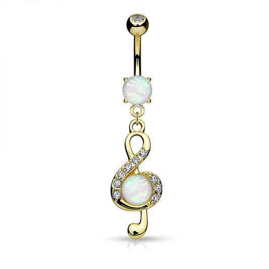 Treble Clef Design Dangling 14ga Belly Ring with Opal Glitter Stones