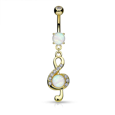 Treble Clef Design Dangling 14ga Belly Ring with Opal Glitter Stones