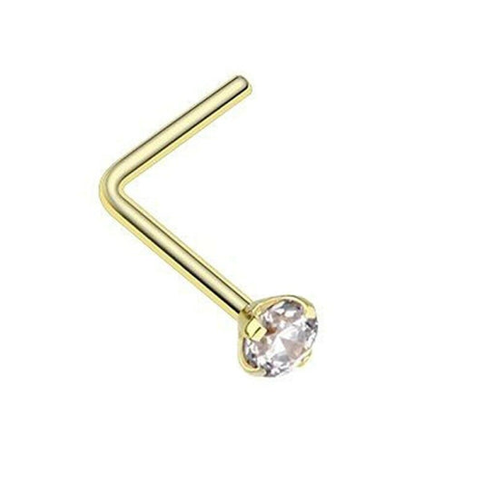 Nose Ring L-Shape 9k Solid Yellow Gold Prong 2mm Cubic Zirconia 20ga