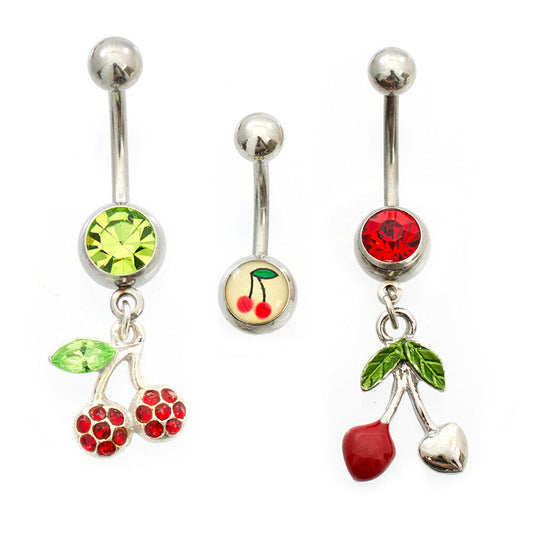 Belly Button Ring Cherry and Cubic Zirconia Design Pack of Three 14g