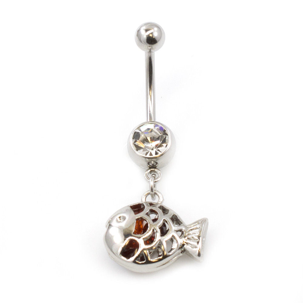 Navel Ring With Filigree Fish Design and Clear CZ Jewel 14G
