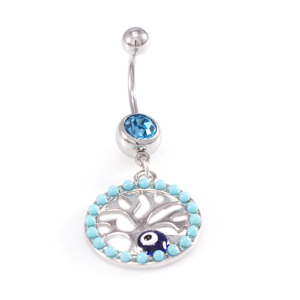 Belly Button Rings Tree of life Dangle Design with Aqua CZ Jewels / Navel