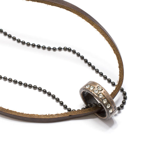 Brown Leather Necklace Black Bead Chain with Jeweled Ring