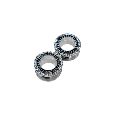 Pair of Ear Gauges Plugs Screw Fit Light Blue & Clear CZ Gens