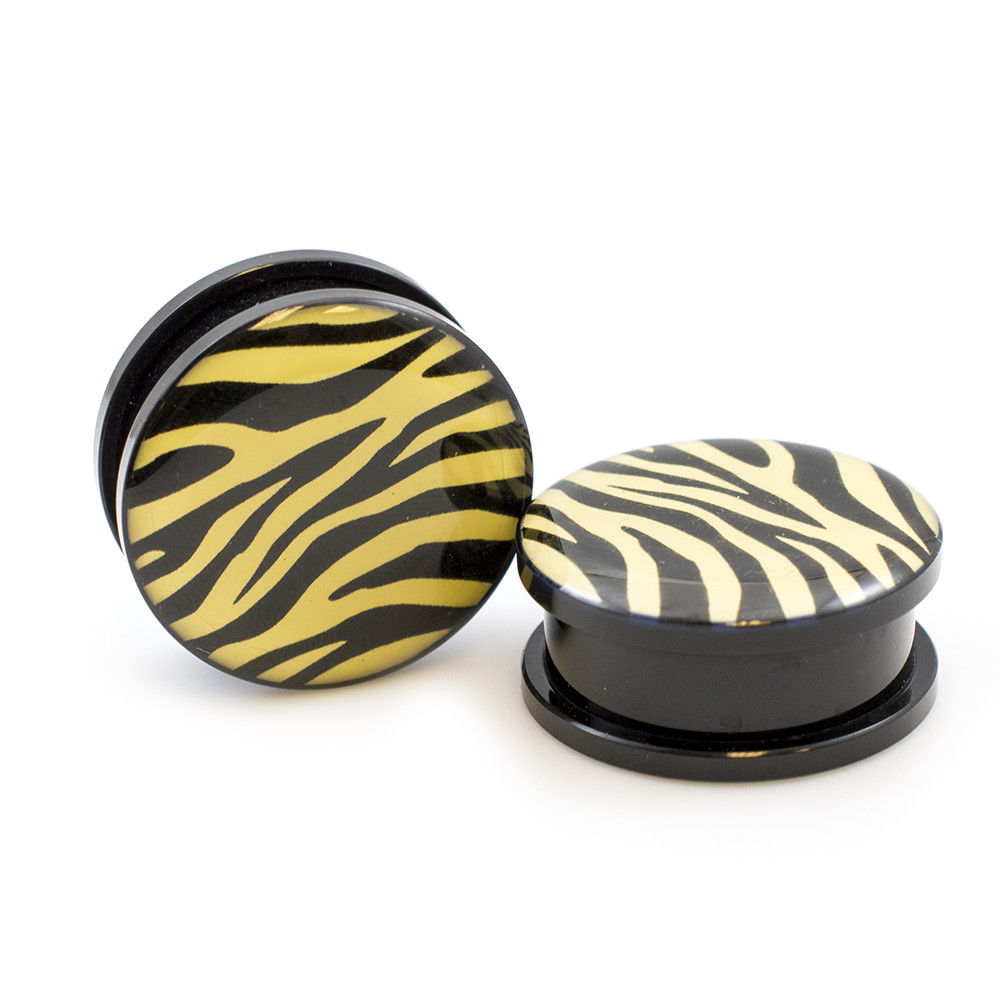 Pair of Acrylic Plugs with Zebra Print Black and Light Yellow-Sold as a Pair