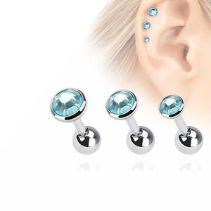 16ga Cartilage Barbells Tragus Rook Daith with Aqua CZ Gems - Pack of 3 - 316L