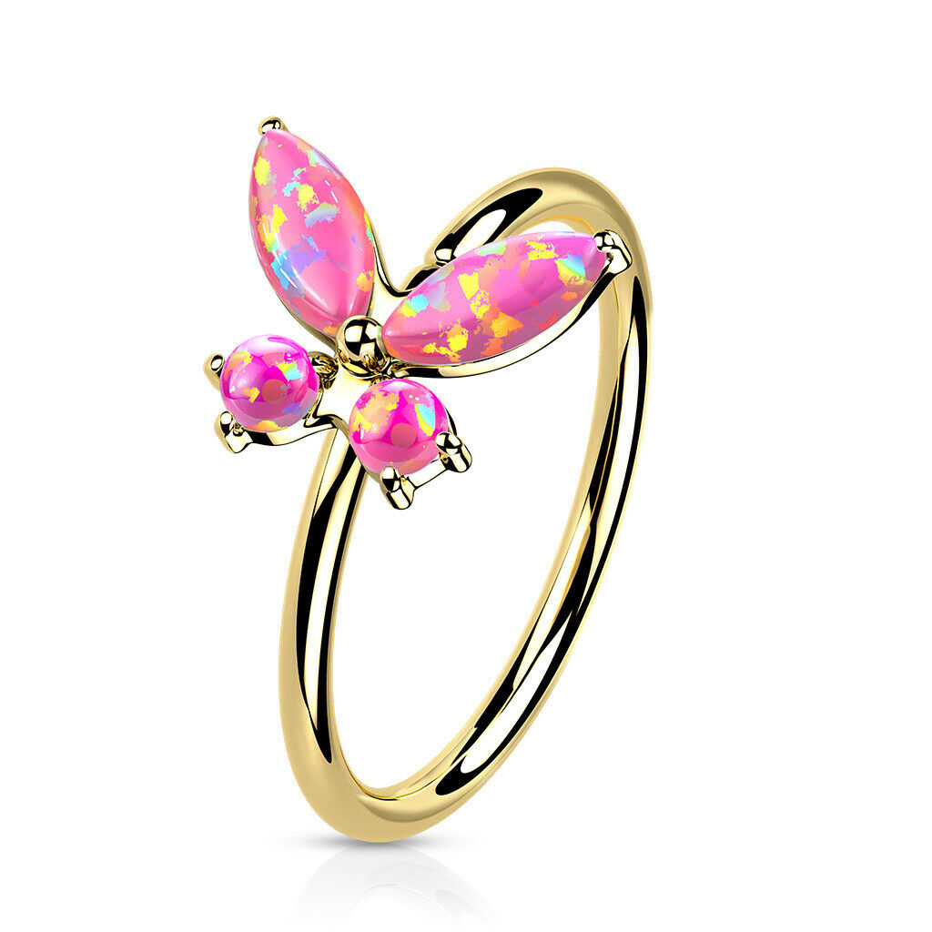 Bendable Hoop ring 14K Gold Opal or CZ Butterfly 20 Gauge Good for Nose and Ear