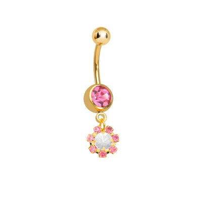 Gold Ion-Plated Dangle-Style Belly Ring with CZ Gem Cluster