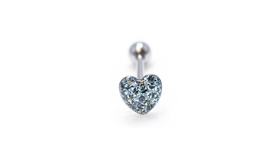 Jeweled Heart Barbell 16G Tongue Ring Tragus Cartilage - 4 Colors