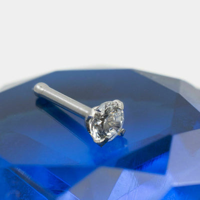 14k Nose Bone Solid White Gold with 2mm Genuine Diamond Jewel - 20ga-1/4"(6 mm)