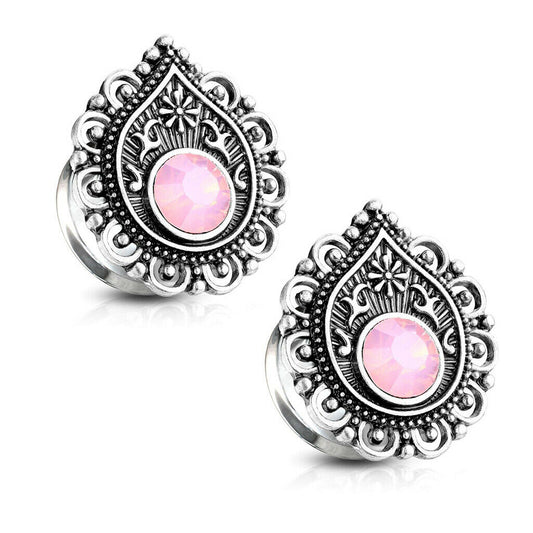 Pair of Double Flared Tunnels with Pink Opalite Stone Centered Tear Drop Filigre