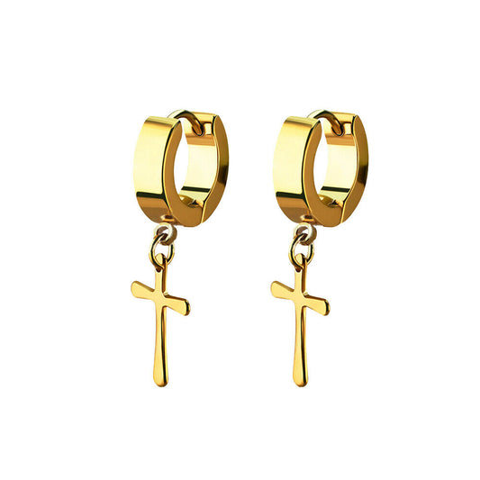 Earrings stainless steel gold PVD coated color huggie with a cross dangling part